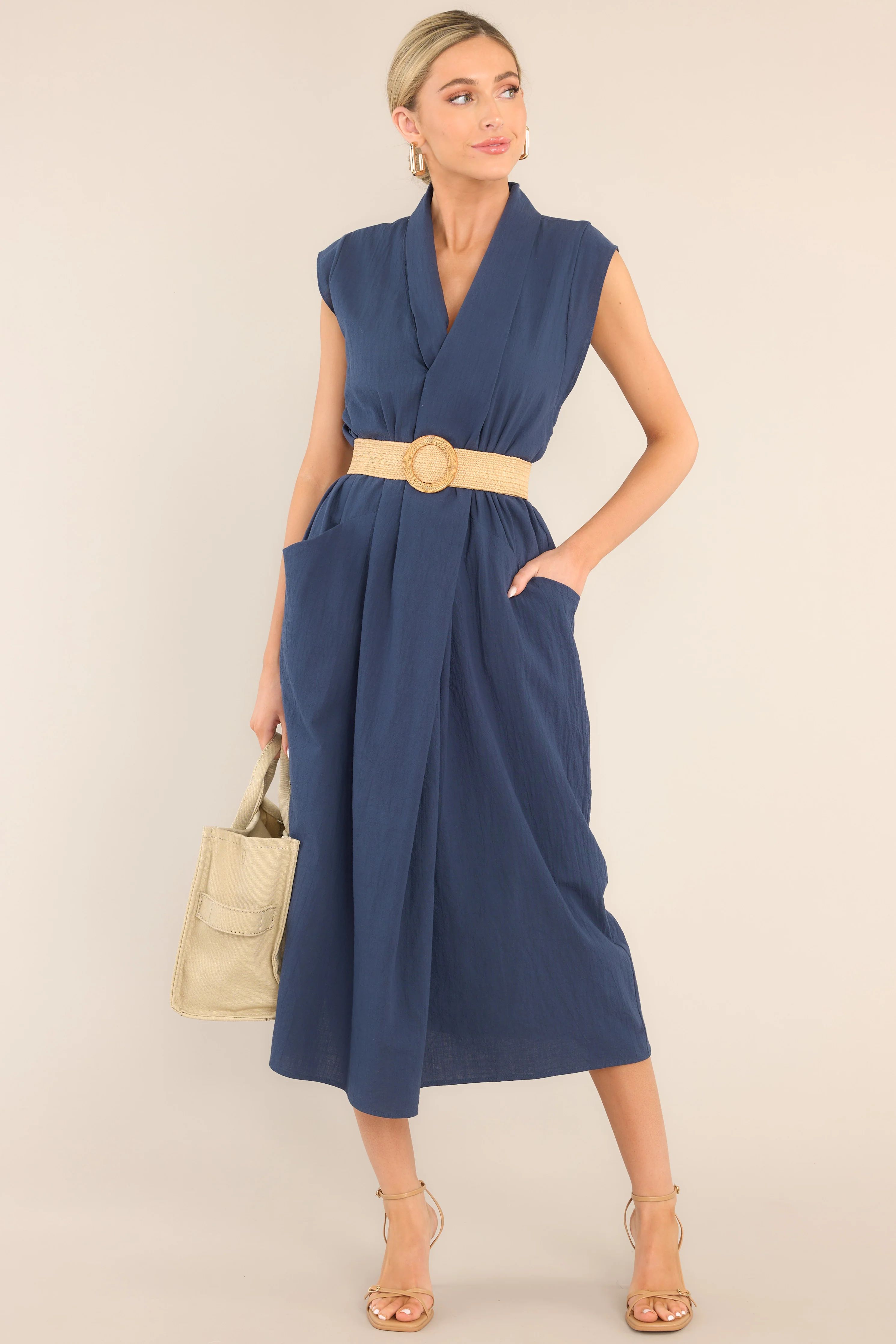 Daily Gratitude Navy Belted Cotton Midi Dress | Red Dress 
