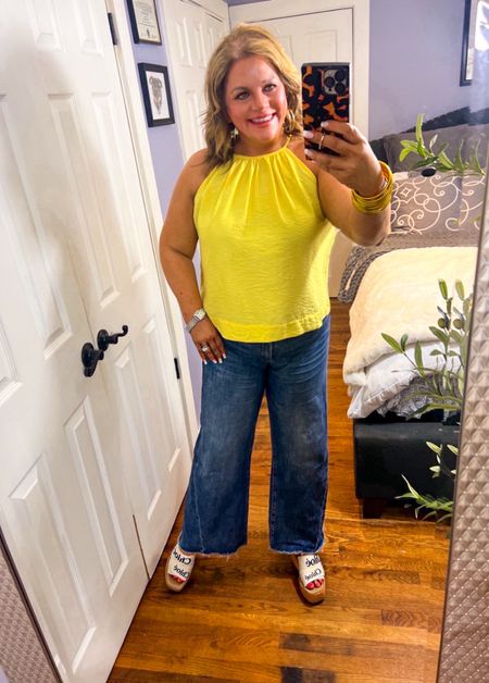 Sunshine yellow in honor of today’s full solar eclipse! If you know anything about our me at all, you know that I am an absolute lover of all things yellow and sunshine. 
That combined with pretty much the entire store being on sale at Target, made this beautiful halter top a no brainer! Runs slightly larger than, consider sizing down.😘
Date night outfit, spring outfit, halter top, jeans, denim, Chloe, wedges

#LTKxTarget 

#LTKSeasonal #LTKfindsunder50
