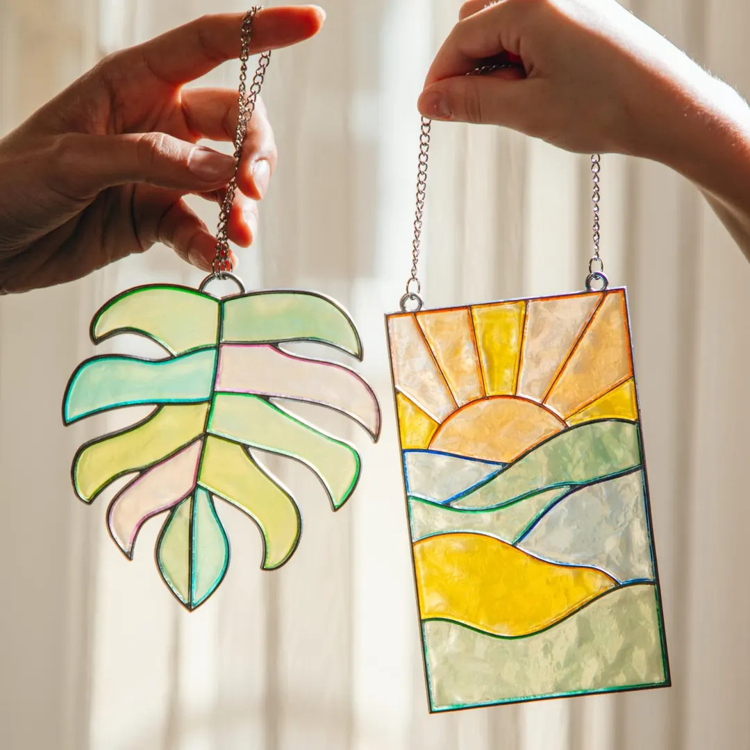 DIY Suncatcher Kit: Monstera Leaf & Sunset Stained Glass Deco - Etsy | Etsy (US)