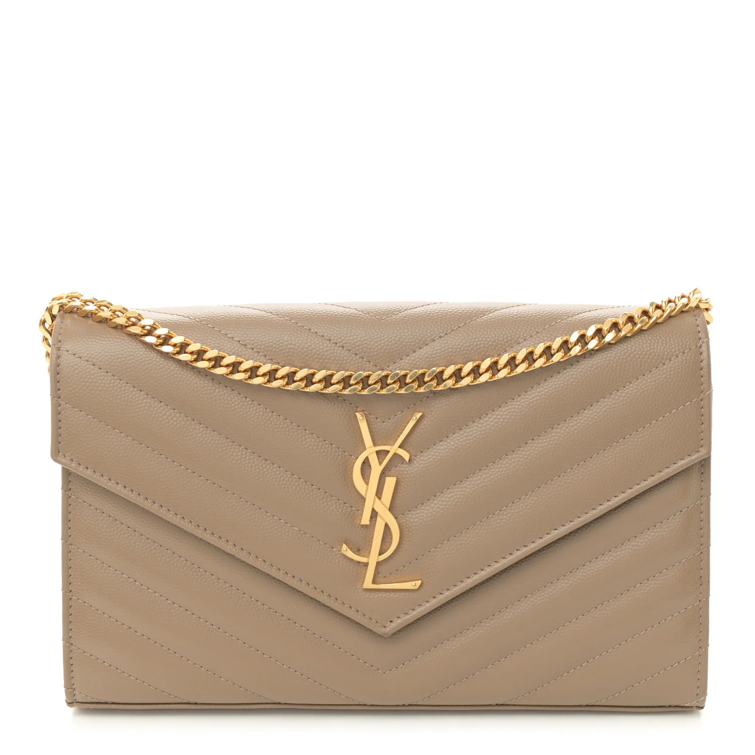 Saint Laurent Grain De Poudre Matelasse Chevron Monogram Chain Wallet Taupe 1755140 | FASHIONPHILE (US)