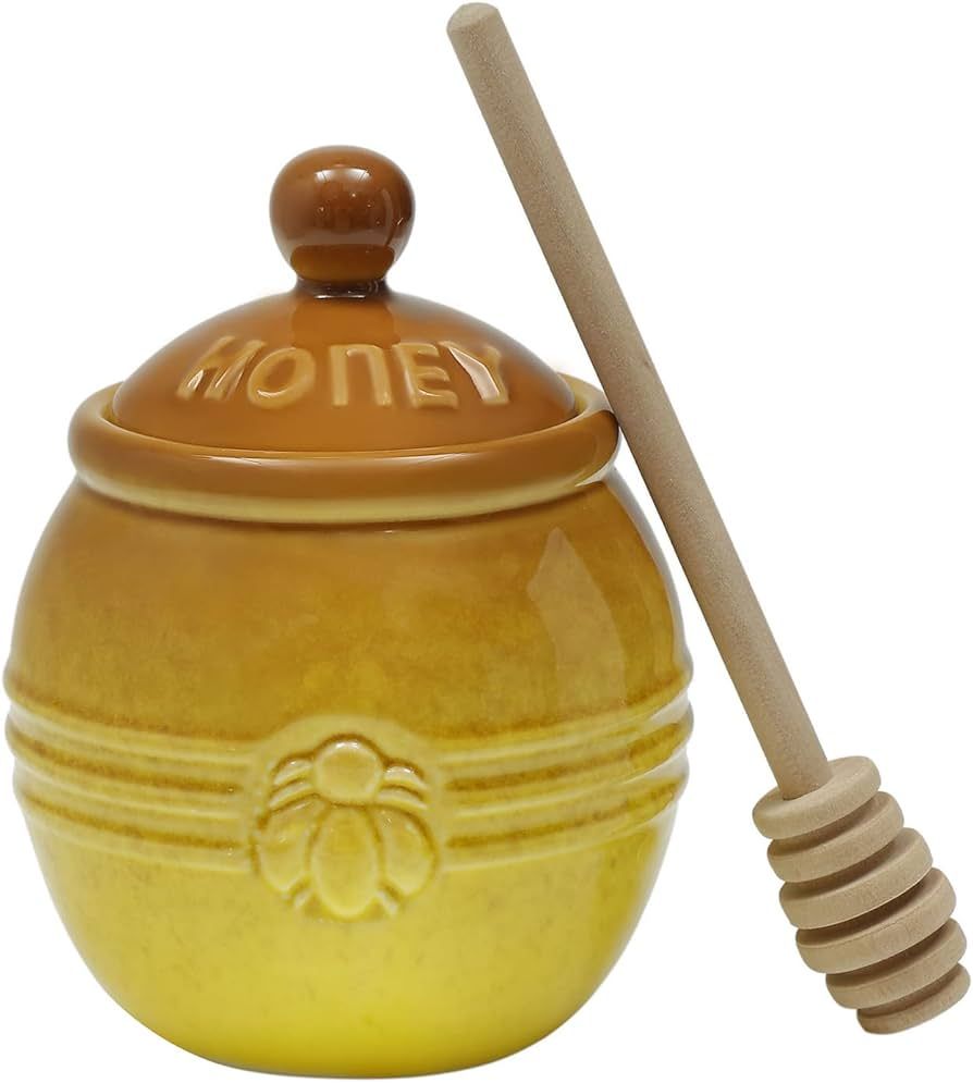 KEKEHOME Ceramic Honey Pot with Lid and Wooden Dipper, 10oz Small Porcelain Honey Jar for Home Ki... | Amazon (US)