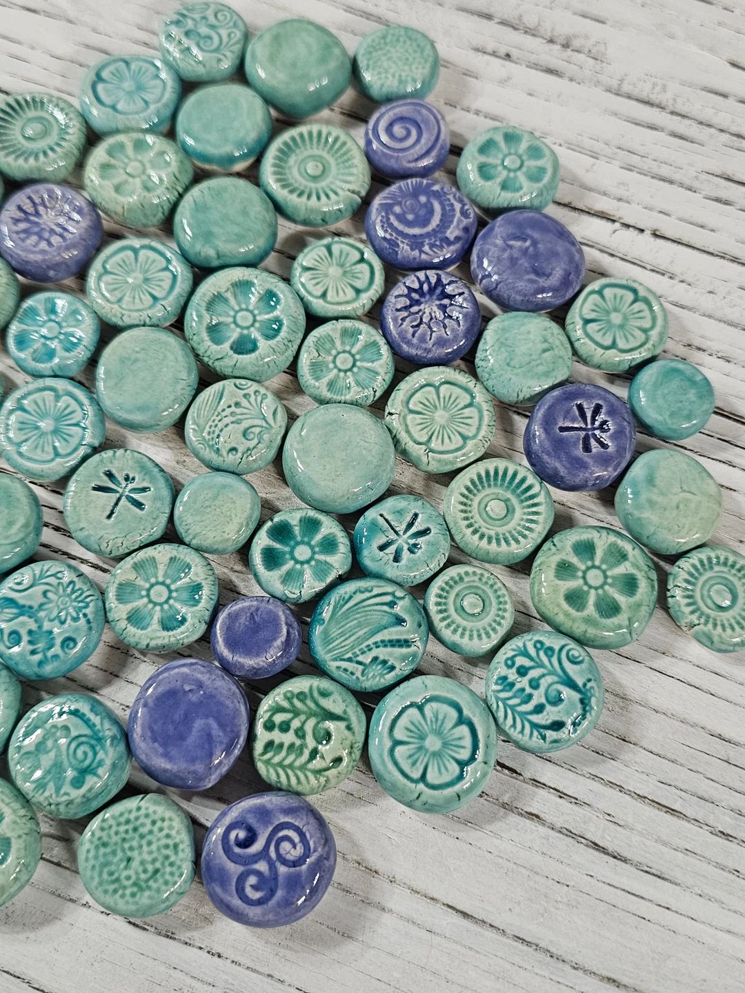 Mosaic Tiles, Small Flat Rounds, Accent Pieces, 64 Glazed Blue Green, Flowers, Dragonflies | Etsy (US)