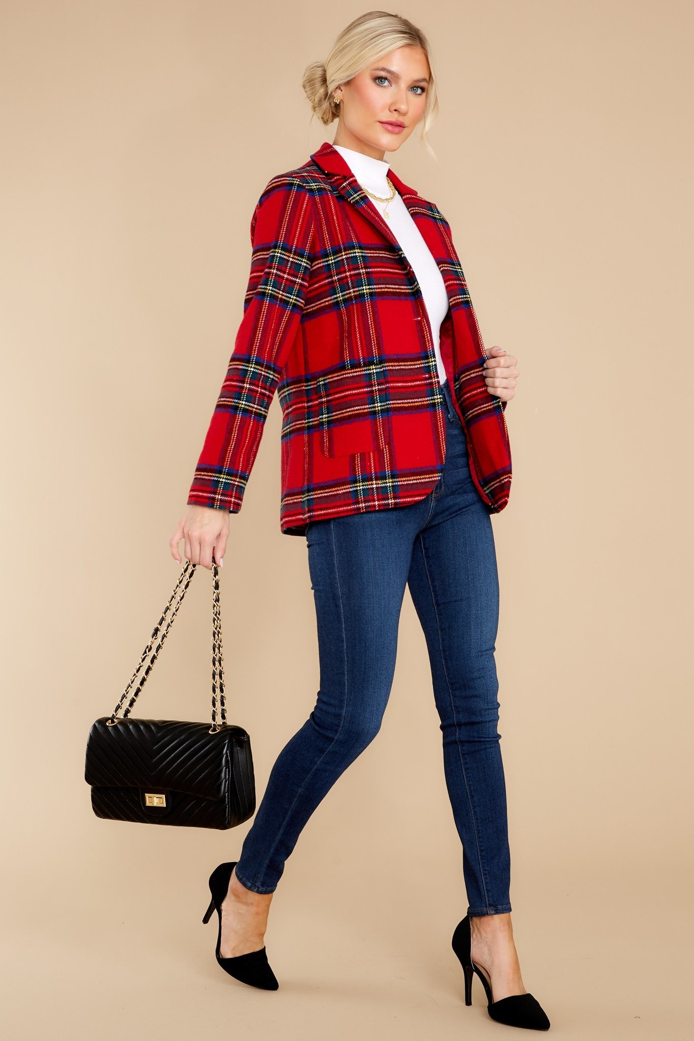 Dressed In Time Red Plaid Blazer | Red Dress 