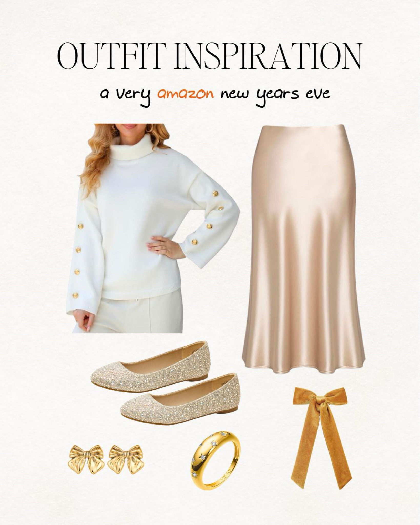 new years outfit, gold skirt, gold shoes, oversized sweater, bow, hair bow, bow earrings, statement ring, star ring, girls ring, ballet flats, sparkle, outfit inspiration, white sweater, gold outfit, new years eve 

#LTKSeasonal #LTKfindsunder50 #LTKparties