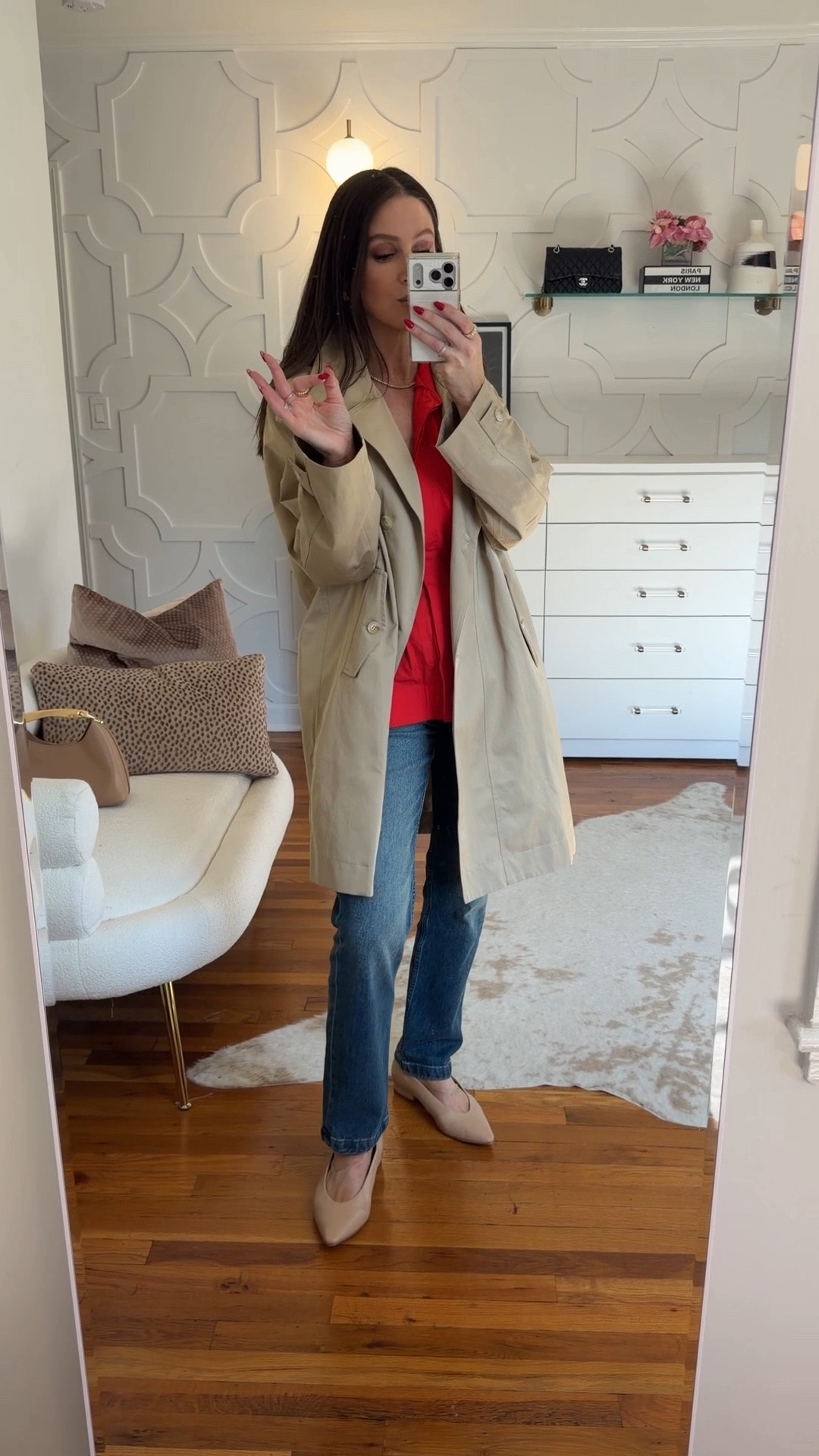 Elevated transitional outfit! I did my true size in the trench and my favorite jeans which come in multiple lengths!