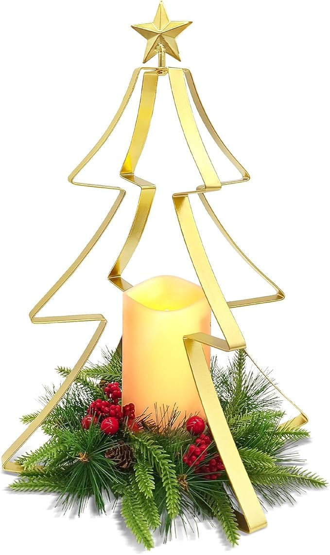Christmas Table Centerpiece Decorations, Metal Christmas Tree Candle Holder with Battery Operated... | Amazon (US)