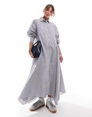 ASOS DESIGN maxi shirt dress with wide skirt and cuff detail in blue stripe | ASOS (Global)