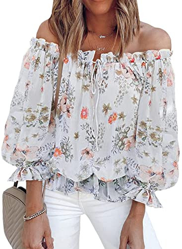 BLENCOT Summer Off The Shoulder Tops for Women Boho Floral Print Ruffle Sleeve Blouses | Amazon (US)