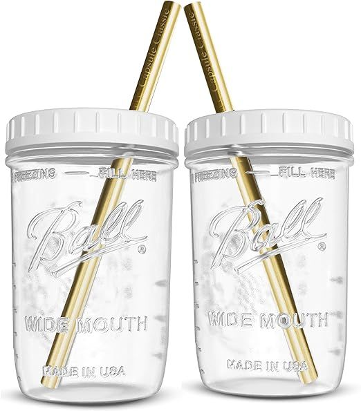 Reusable Wide Mouth Smoothie Cups for Boba Tea/Bubble Tea with Lids and Gold Straws, Mason Jars G... | Amazon (US)