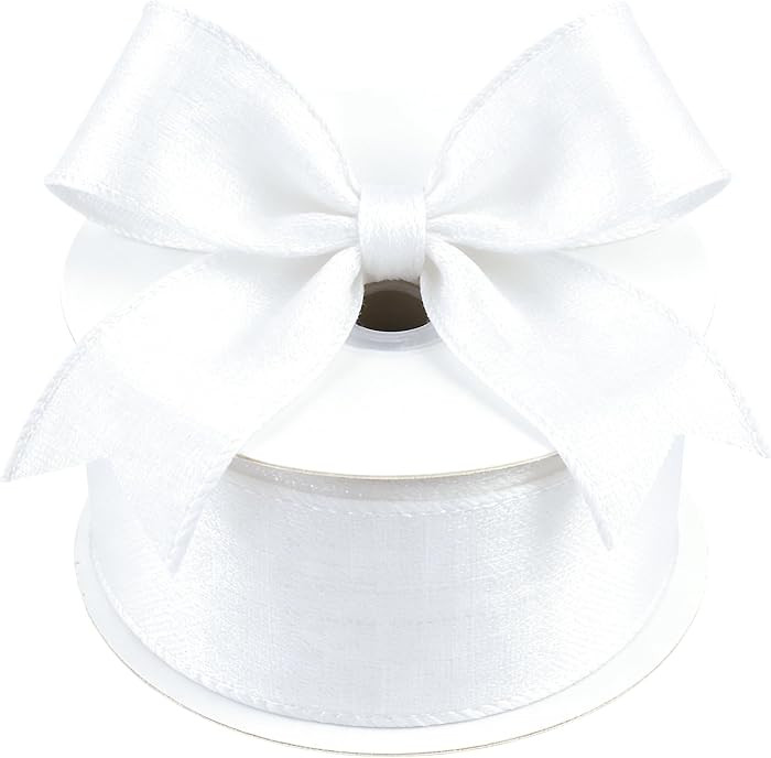 Meseey 1.5 Inch 15 Yards White Line Wired Ribbon, Fray-Resistant Woven Wired Edge Ribbon for Gift... | Amazon (US)