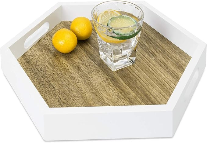 MyGift Hexagonal White and Rustic Burnt Wood Decorative Serving/Vanity Display Tray with Cutout H... | Amazon (US)