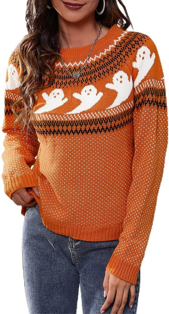 JUNBOON Women’s Casual Leopard Print Knitted Pullover Sweaters Long Sleeve Crew Neck Jumper Tops | Amazon (US)