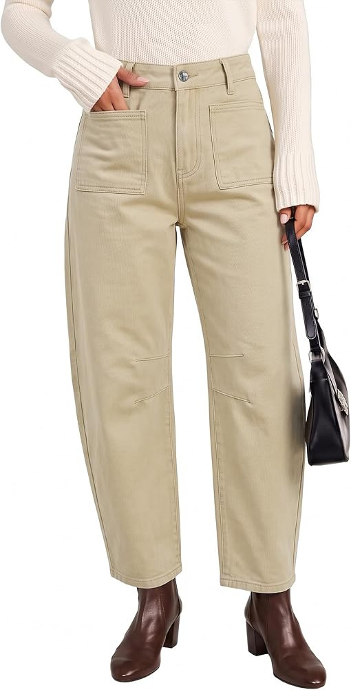 GRAPENT Barrel Jeans for Women Trendy Cropped High Waisted Patch Pocket Baggy Stretch Denim Pants... | Amazon (US)