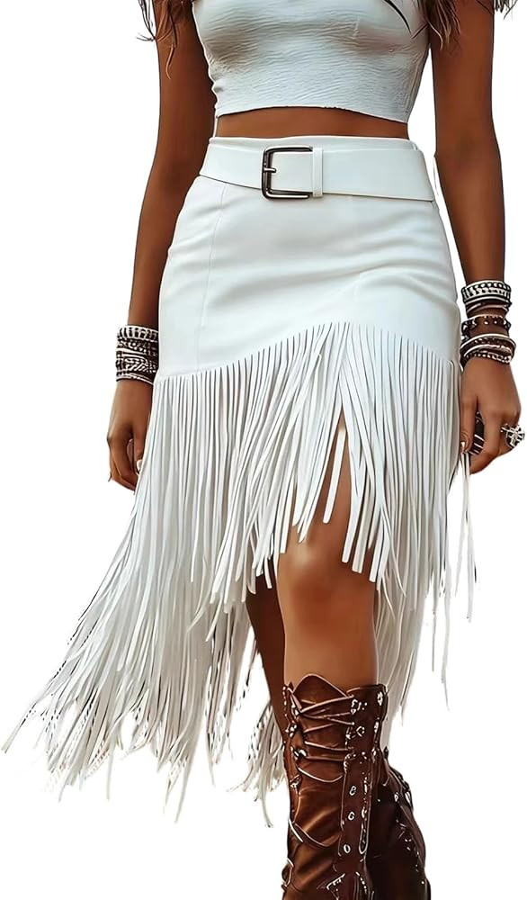 Womens Tassel Suede Skirt, Asymmetric Fringe Western Cowgirl Midi Skirt Boho Chic Bodycon Trim Sk... | Amazon (US)