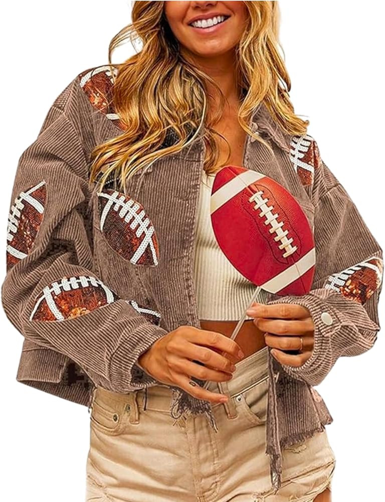 SeekMe Women Cropped Football Corduroy Jacket Sequin Rugby Patched Shacket | Amazon (US)