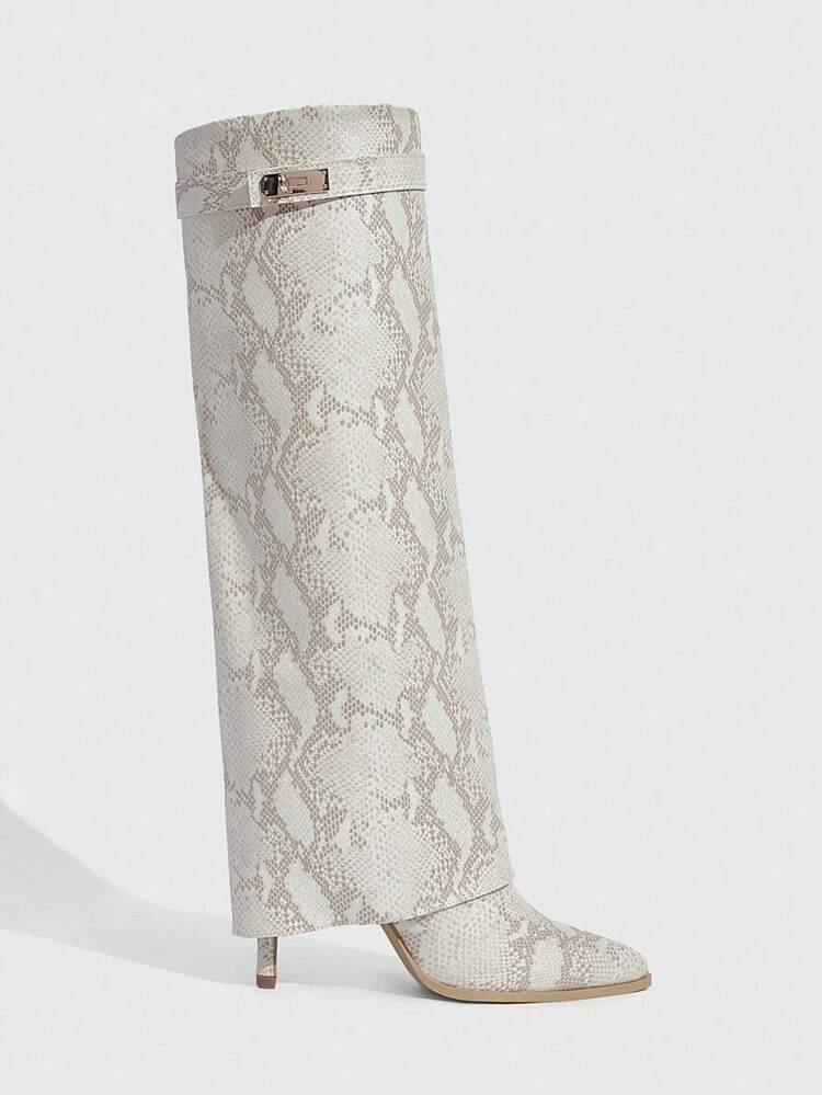 MISSGUIDED Pointed Toe Fashionable & Comfortable Shark Boots, High Shaft Slim Heel Knee-High Boots, Versatile For Party, Date, And Occasions | SHEIN