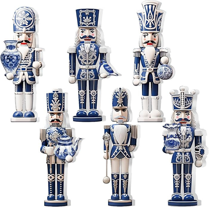 Yerliker 6 Pcs Christmas Nutcracker Table Decorations Wooden Blue White Porcelain Nutcracker Tabl... | Amazon (US)