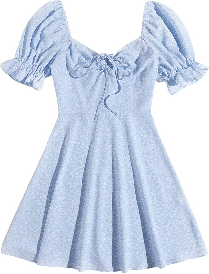 Floerns Women's Summer Drawstring Sweetheart Neck Puff Sleeve A Line Short Dress | Amazon (US)