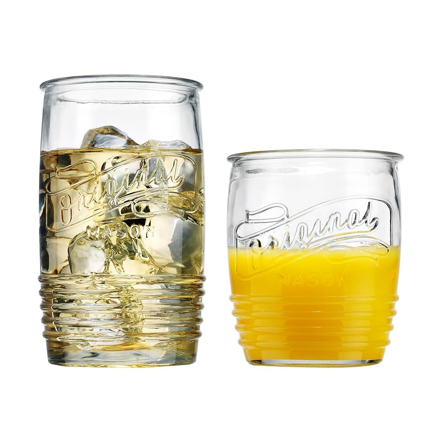 Glaver's Original Mason Set of 8 Drinking Glasses 4-20 Oz Highball Glasses, and 4-13 Oz Whiskey G... | Amazon (US)
