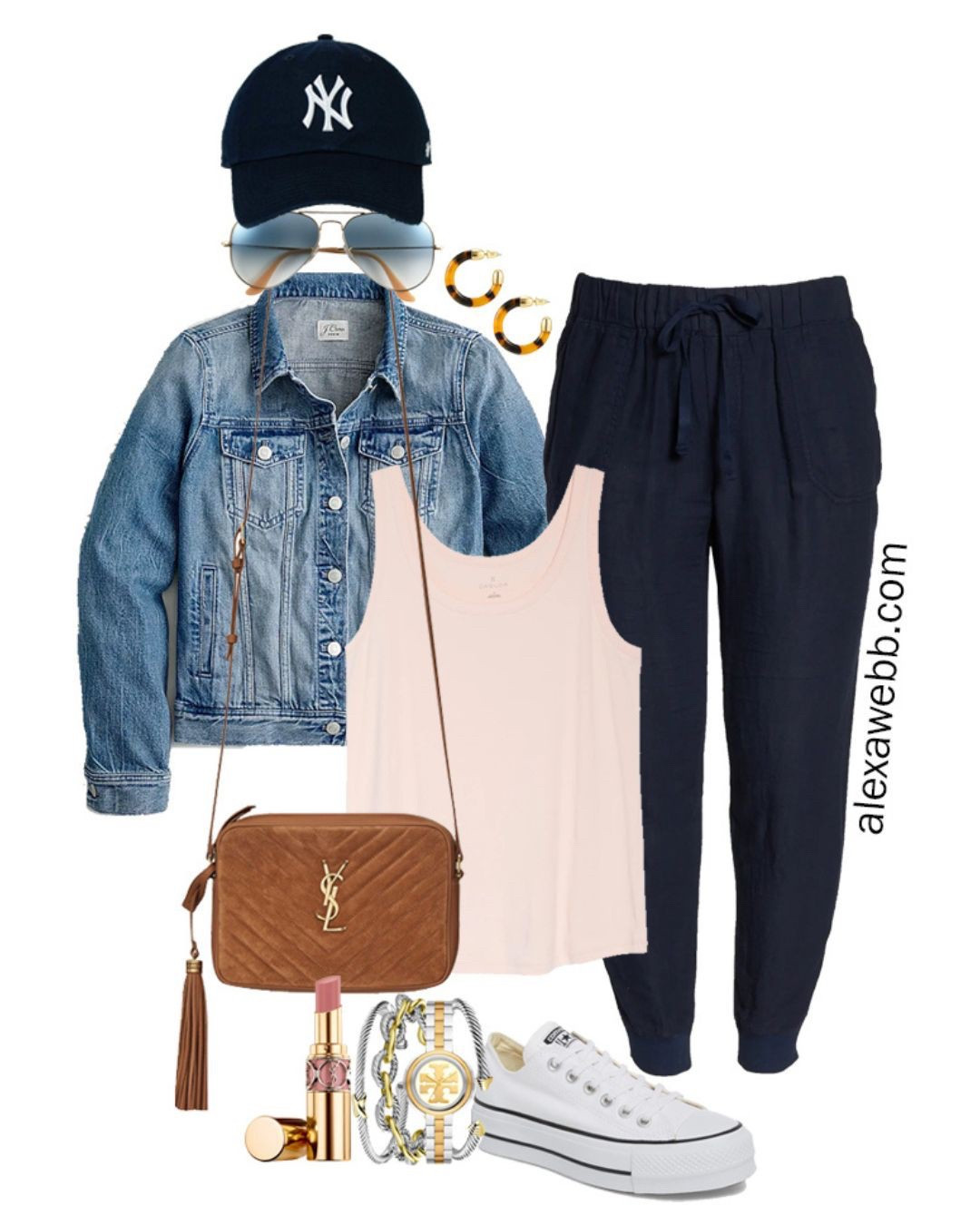 Plus Size Navy Linen Joggers with a blush pink tank, denim jacket, platform Converse sneakers, and Crossbody Bag - Alexa Webb

#LTKStyleTip #LTKPlusSize #LTKSeasonal