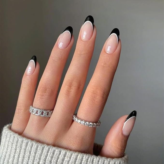 KXAMELIE Black French Tips Press on Nails Medium,Nude Fake Nails with Nail Glue French Glue on Na... | Amazon (US)