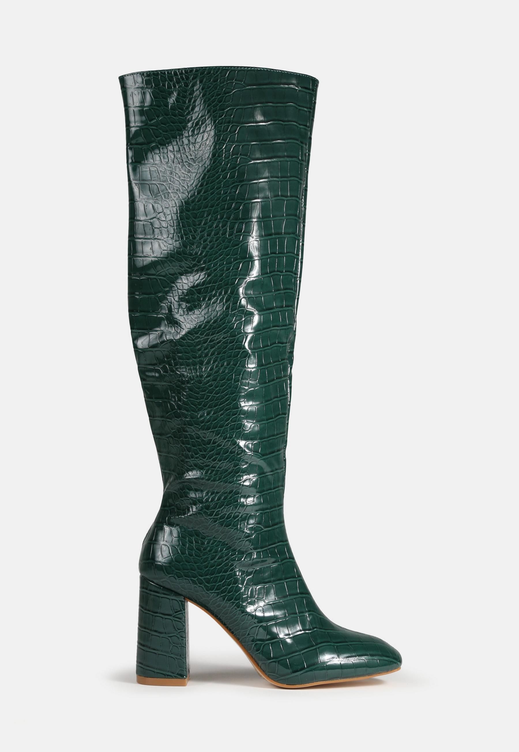 Missguided - Green Mock Croc Tubular Block Heel Knee High Boots | Missguided (US & CA)