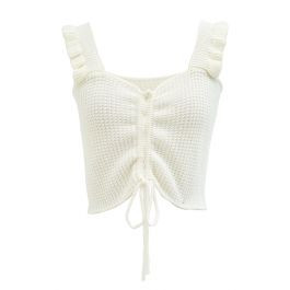 Drawstring Ruffle Waffle Knit Crop Top in Ivory | Chicwish