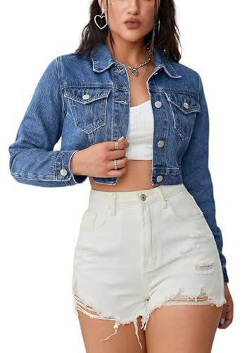 AiiUp Cropped Jean Jacket for Women Long Sleeve Classic Casual Crop Top Denim Jackets Coat | Amazon (US)