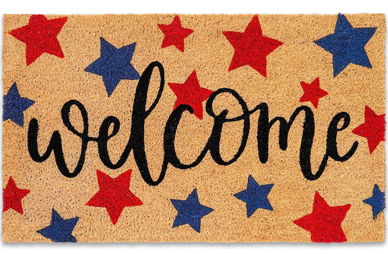 Whaline Patriotic Natural Coir Door Mat 4th of July Red Blue Star Welcome Mat Non-Slip Independen... | Amazon (US)
