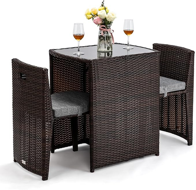 Bonnlo 3 PCS Wicker Outdoor Patio Bistro Set, Patio Furniture Set for Small Space with Glass Top ... | Amazon (US)