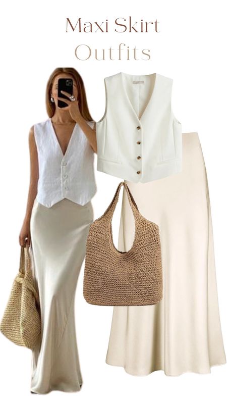 White waistcoat, satin skirt, straw bag, maxi skirt, long skirt, summer outfits 

#LTKfindsunder50 #LTKstyletip #LTKtravel