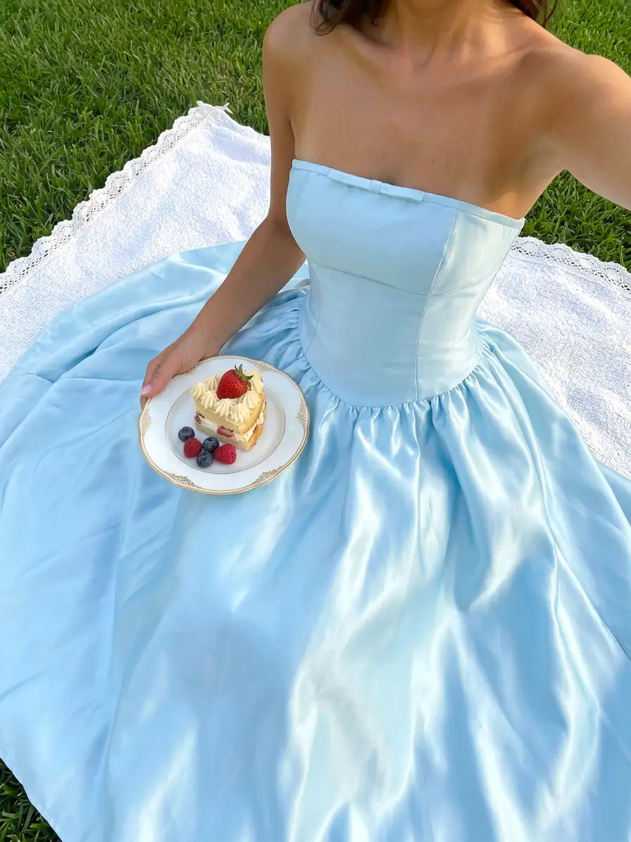SATIN SCULPTURAL HIGH RISE STRAPLESS BOWKNOT FLARED MAXI DRESS | Cider