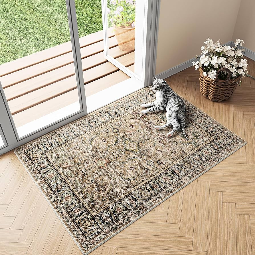 2x3 Washable Brown Entryway Rug Non Slip Soft Indoor Small Area Rug Vintage Distressed Printed St... | Amazon (US)