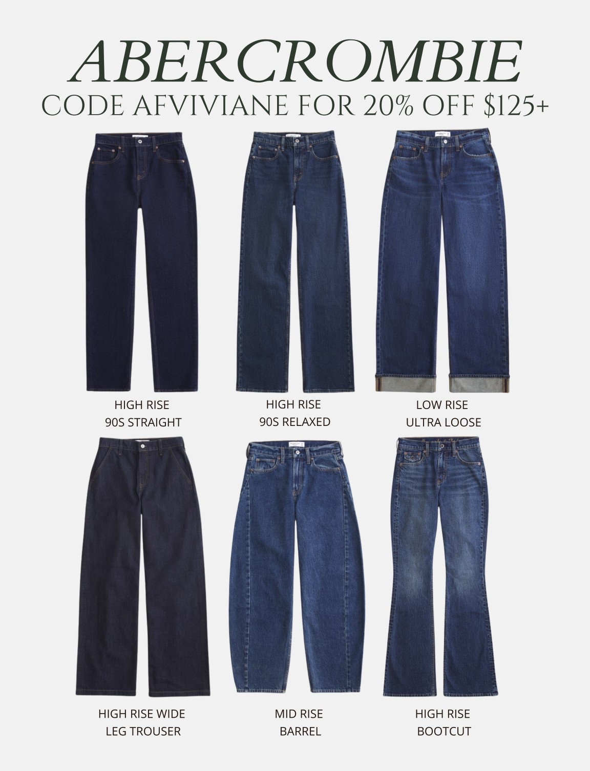 [2/16/26] favorite denim on sale | use code AFVIVIANE to get 20% off $125+* in stores and online at checkout from 2/12/26-2/16/26 in US/CA. 

Exclusions apply. Discount applied to subtotal before tax and shipping/handling at checkout. See details online.

SIZING: low rise ultra loose: true size 24, short when I want flip flops, regular if with heeled shoes High rise bootcut: true size 24, regular length with heeled shoes Mid rise barrel: true size, short or extra short with flip flops Wide leg trousers: true size, regular length for heeled shoes High rise 90s relaxed: size 1 up, short for flat shoes & regular length for heeled shoes High rise 90s straight: size 1 up, extra short good for flats