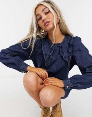 Noisy May denim shirt dress with prairie collar in dark blue | ASOS (Global)