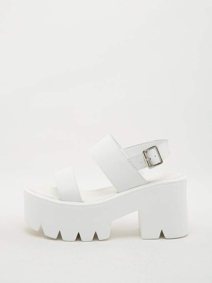 Buckle Decor Platform Slingback Sandals, White Fashionable Buckled Sandals With Letter Detail And... | SHEIN