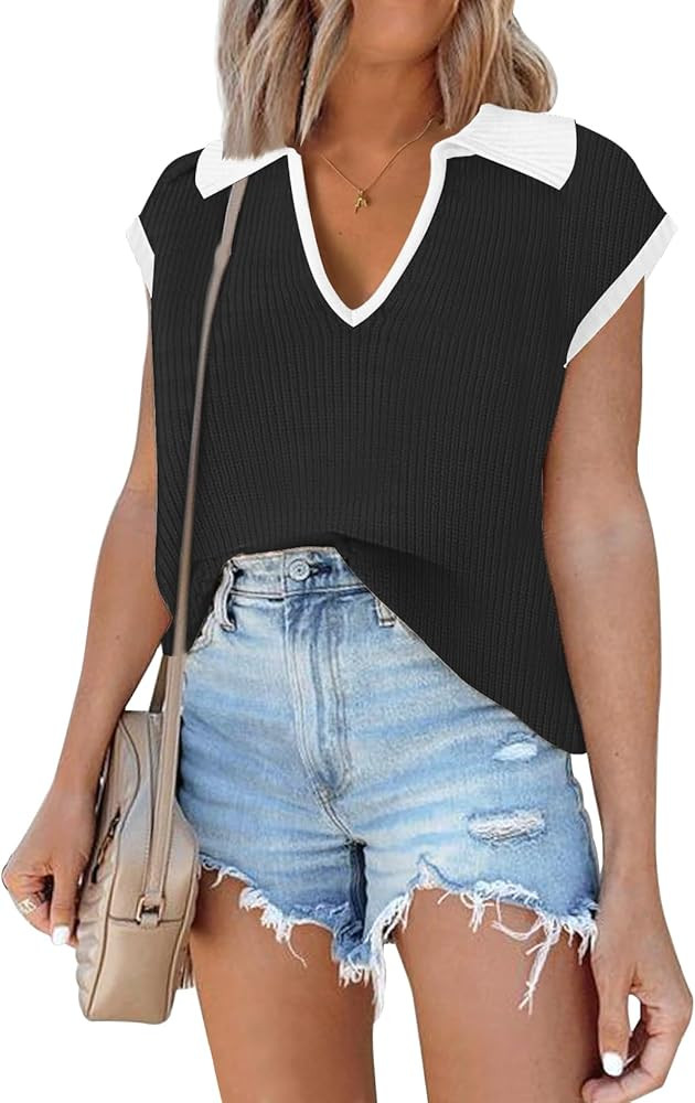 Short Sleeve Sweater for Women 2024 Spring Striped Sweater Vest Polo Sweater Tank Tops Summer Top... | Amazon (US)