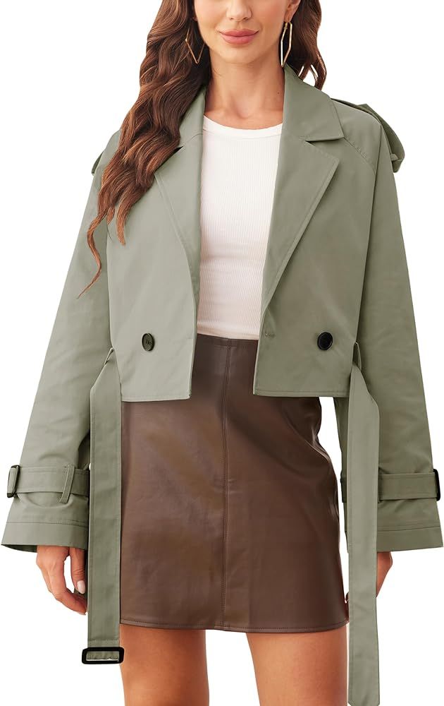Xuehaya Womens Cropped Trench Coat Double Breasted Long Sleeve Casual Jacket Coats with Belt | Amazon (US)