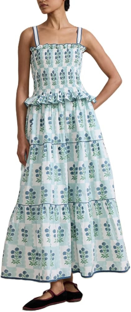 Women Summer Floral Dresses 2025 Vacation Smocked Tank Maxi Sun Dress Spaghetti Strap Flowy Beach... | Amazon (US)