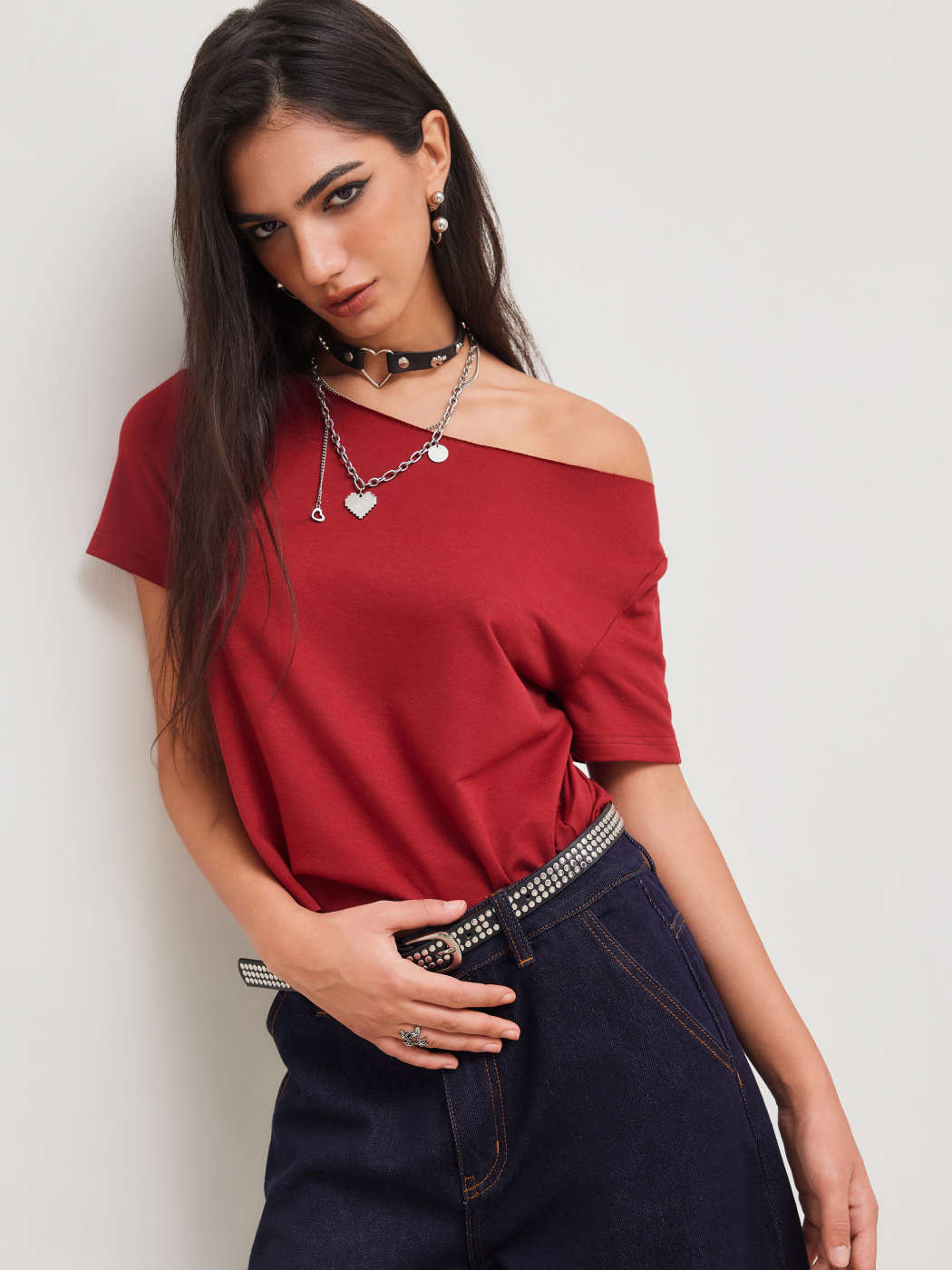Terry Asymmetrical Boat Neck Solid Short Sleeve Tee | Cider