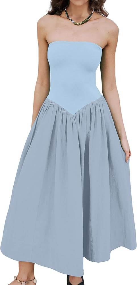 Women Strapless Maxi Dress Casual Patchwork Pleated Backless Flowy Long Dress Summer Solid Tube D... | Amazon (US)