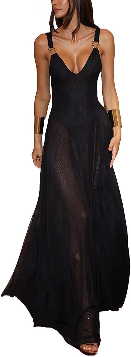 Women's Sexy See Through Sheer Lace Maxi Dress Mesh A-line Long Dresses Beach Vacation Party Wear | Amazon (US)