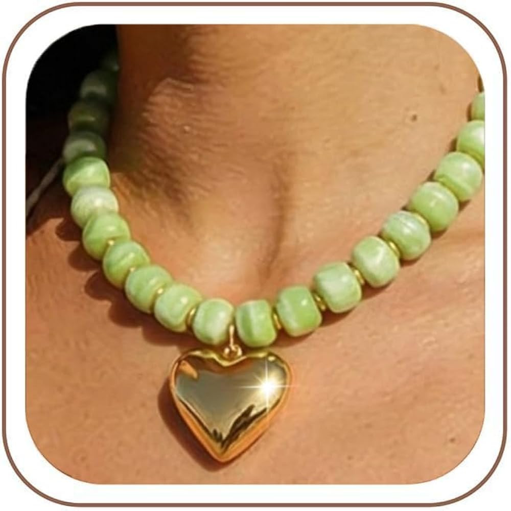 Chunky Heart Necklace for Women, Colorful Resin Beaded Choker, 14K Gold Plated Puffy Heart Pendan... | Amazon (US)