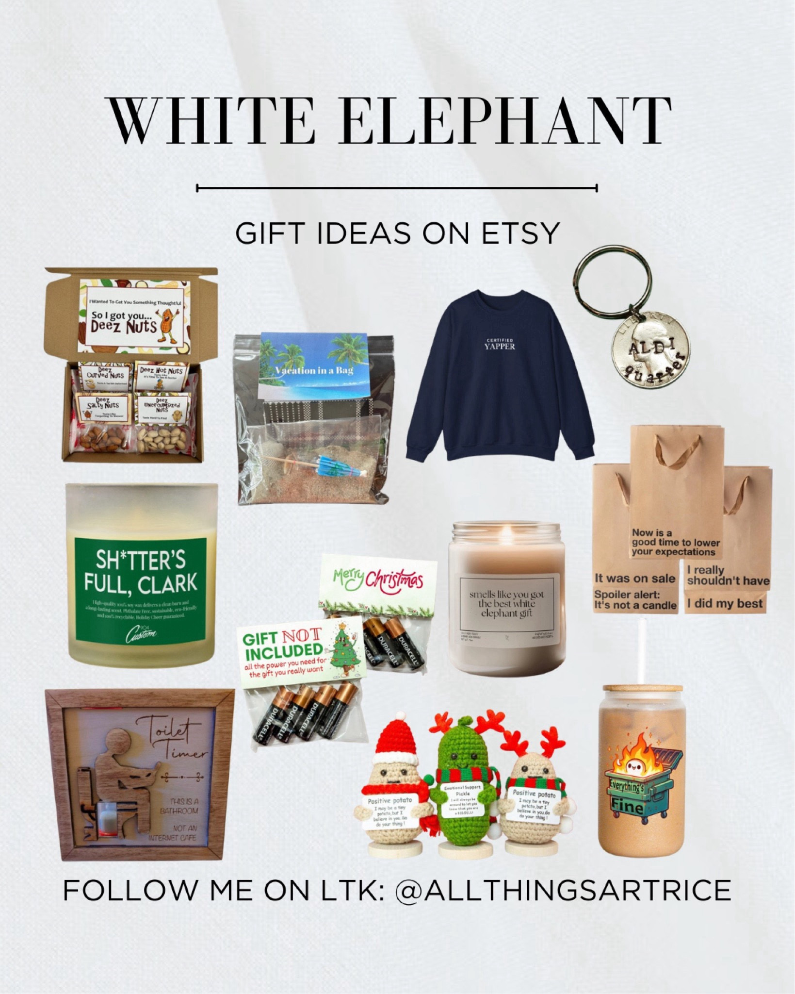 White elephant gift ideas on Etsy. Etsy has so many funny gift ideas for everyone. I rounded up some of my favorites. 

#gifts #holiday #Christmas #seasonal #whiteelephant #party #Etsy #shopsmall #smallbusiness #sweatshirt #candle #mug #dailyfinds #allthingsartrice



#liketkit #LTKSeasonal #LTKGiftGuide #LTKHoliday
@shop.ltk
https://liketk.it/4ZHaW

#LTKFindsUnder100 #LTKSaleAlert #LTKFindsUnder50