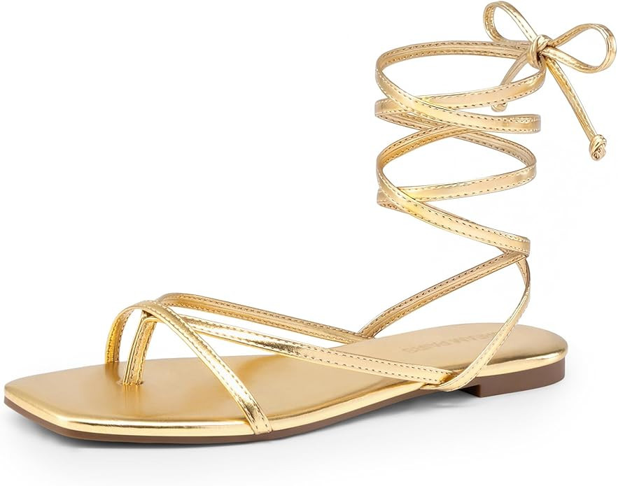 DREAM PAIRS Womens Strappy Flat Sandals - Comfortable Lace Up Gladiator Dressy Sandals, Square To... | Amazon (US)