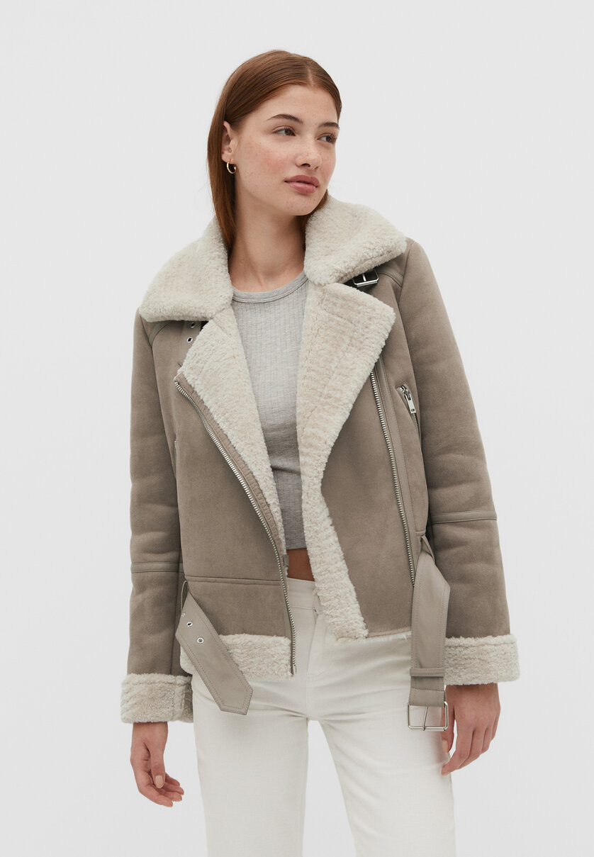 Faux suede faux shearling biker jacket | Stradivarius (UK)