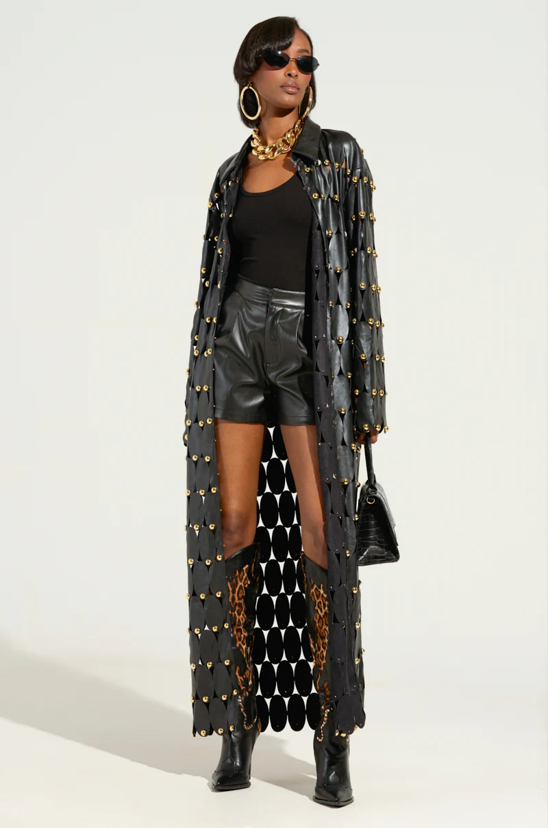 THE SNEAK PEEK STUDDED PU LONG CARDIGAN IN BLACK | AKIRA