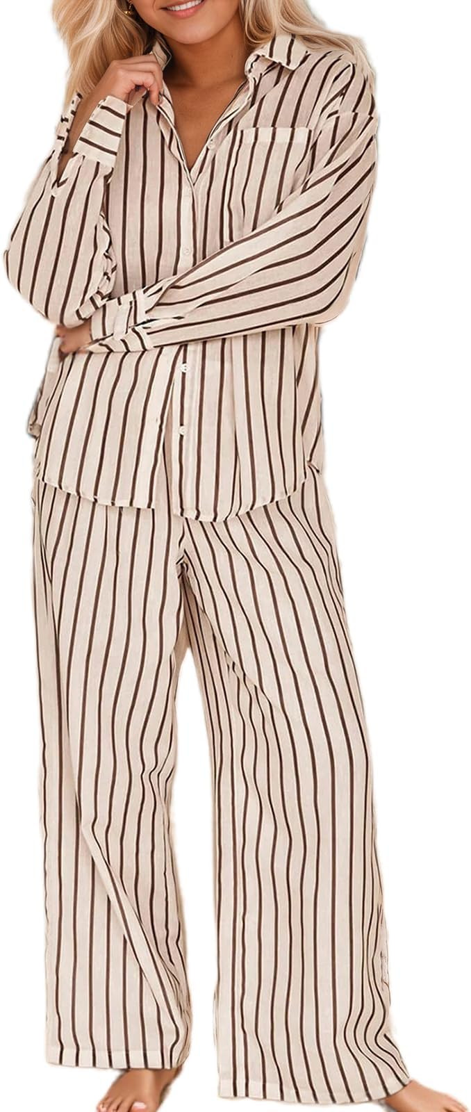 Akivide Women's 2 Piece Outfits Beach Vacation Sets Hawaiian Tropical Long Sleeve Button Down Shi... | Amazon (US)