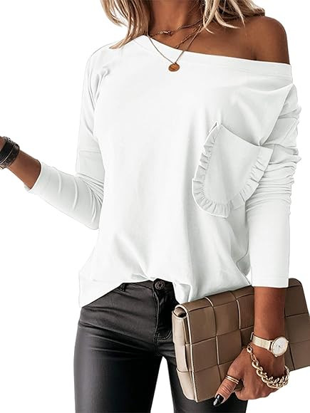 Vermisse Womens Drop Shoulder Tops Boat Neck Ruffle Trim Front Pocket Shirts | Amazon (US)