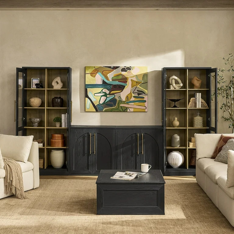 Blake 4 Piece Entertainment Center with Storage, TV Stand with Tall Arched Display Cabinets, Blac... | Walmart (US)